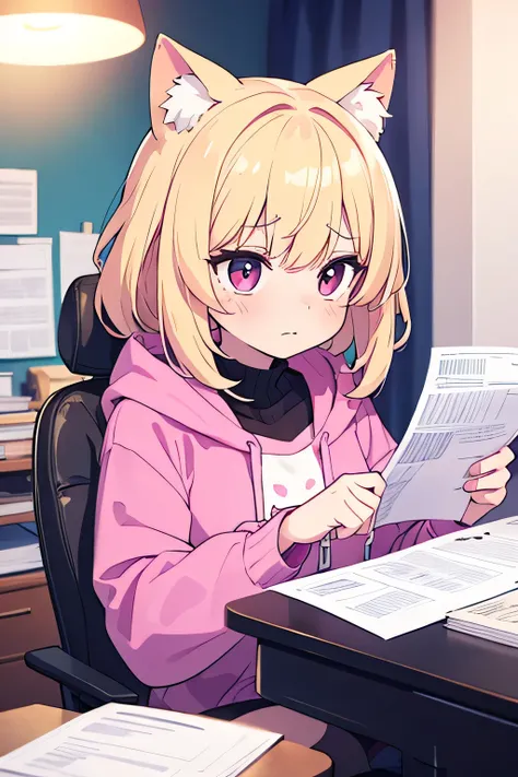 A frustrated cat-eared Vtuber struggling with tax filing, sitting at a cluttered desk with stacks of documents, receipts, and a laptop displaying a complex tax form. She has a flustered expression, slightly messy hair, and wide, tired eyes. She wears a cas...