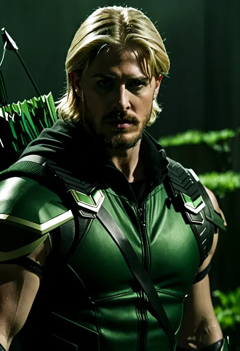 A cinematic image of jensen ackles as Green Arrow live action, goatee, blonde