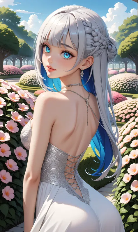 ((Random Sexy pose)), (Cute girl), ((Ultra detailing)), (very aesthetic, best quality, ultra detailed), intricate details, 1girl, silver hair, (Random hairstyle), Blue inner hair  ,,((Detailed eyes)), ((Beautiful eyes)), ((prefect eyes)), ((Beautiful lips)...