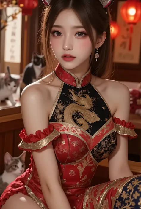 Cat ears、 face up, attractive, pretty girl, ponytail、few beautiful lady hair decorations, (( fine facial features , eroticism)), dramatic lighting , realistic , 8k, Dramatic Shadows , intricate and elaborate patterns , super detailed photo , chiaroscuro li...