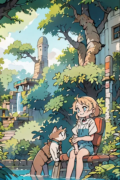 ((( Masterpiece))), highest quality, alone,( and laugh while sitting :2.0), two little rens reflecting hope ,smile,Outdoors, blond, blue eyes, big eyes,town, It's raining,tree々, Cats are all around her ,(colorless), beautiful nature ,Beautiful R...