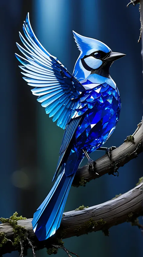 A mesmerizing sapphire-blue jay crafted entirely from precious gemstone perches elegantly on a crystalline branch amidst a surreal, radiant landscape. (Bird Appearance: its body sculpted from shimmering sapphire crystal, with translucent facets capturing a...