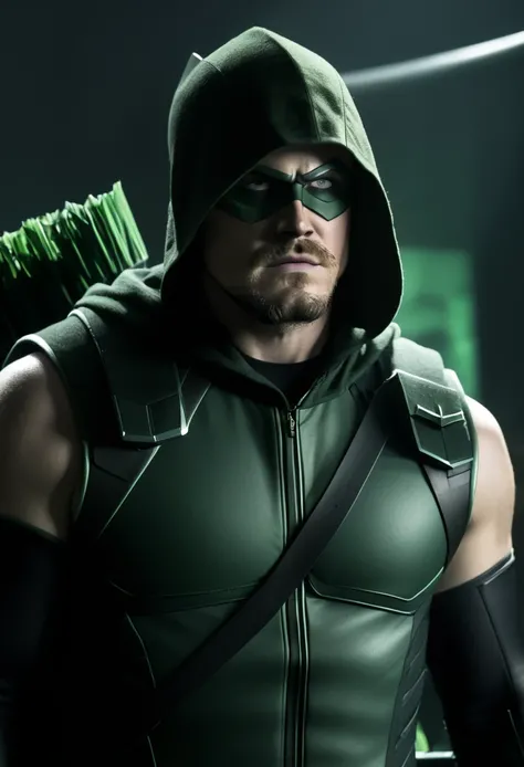 cinematic image of Stephen Amell as Green Arrow live action