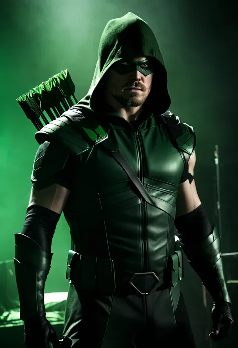 cinematic image of Stephen Amell as Green Arrow live action