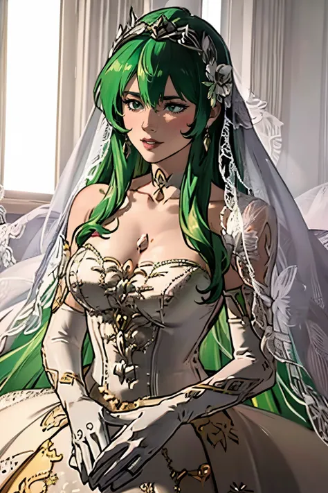 1girl, solo,Erinys FE, crown,earrings ,lipstick, eye shadow, makeup, hair between eyes, ahoge, hair ornament, gloves, dress, cleavage, bare shoulders, collarbone, white oprea gloves, white gloves, white dress, strapless, white choker, tiara, veil, straples...