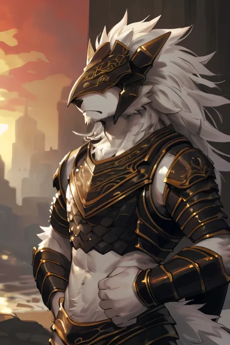 by k0bit0wani,by kiyosan,by milkytiger1145,by jrjresq,male,canine,solo,anthro,wolf furry,(flowing white hair),white body,white fur,frown,maliketh (elden ring),helmet,(((masterpiece))),((armor, intricate armor, black armor with gold accents, full body armor...