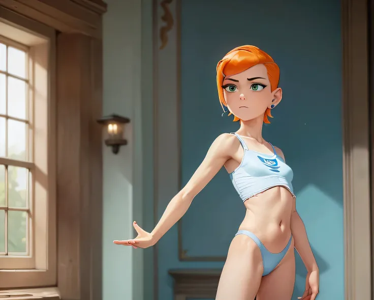 (( ultra quality)), (( masterpiece)), Gwen Tennyson,   of short stature  , (( short hair orange, small blue hairpin)), (color de  white skin), ( white skin), ( beautiful feminine hands ), (( ideal female figure )), ideal female body, beautiful waist,  beau...