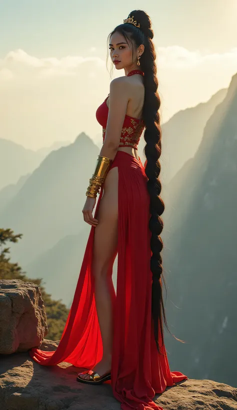 GORGEOUS ASIAN GODDESS ON A TOP OF A MOUNTAIN, TALL FEMALE BODY, STRONG FIT CURVY FEMALE BODY, MUSCLES, RED BODYSUIT, HUGE LONG DRESS, GOLD DETAILS, BULK FIT FEMALE BODY, GORGEOUS BULK FEMALE, GOLDEN FLAT  SANDALS, GOLD GAUNTLETS, HUGE LONG BLACK BRAIDED H...