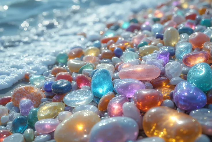 close-up view of a beach covered with transparent, colorful stones。The stones include、milky white ones、vibrantly colorful ones、glittering sea glass and more。the scene is full of magical sparkle。the stones sparkle with breathtaking colors、glowing with beaut...