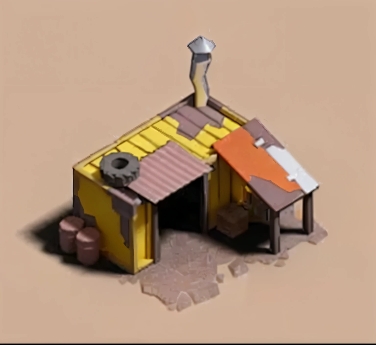 There is a small house with a roof and chimney,  mining outpost ,  low polygon 3D model , 3D stylized scene, high quality lowpoly art,  low poly 3D model , isometric Game Resources,  small building ,  stylized 3D rendering , lowpoly, Low polygon model , vi...