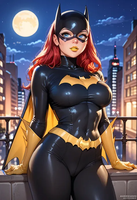 woman, big breasts, red hair, white skin, yellow lipstick, anime style, night, cartoon, mask, blue eyes, city, black costume, yellow costume, multicolored costume, Batgirl, hot, sexy