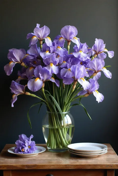 composition masterpiece a wide bouquet of irises in a Hinsky vase with an image stands on a wooden table and next to the fallen flower plates and the price falls firmly to the side and the ground softens 