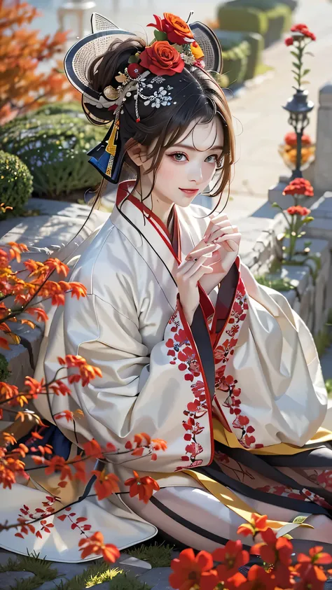 Super-high quality adjacent images ,  Masterpiece,  Perfect Illustration  ,  extreme detail  (Exquisite shading,  very dramatic pictures  ,) stroke,  sitting and laughing  ,  alone, (red, Black and white Hanfu,) Flower Field , flower, (white smoke:1.3) (  ...