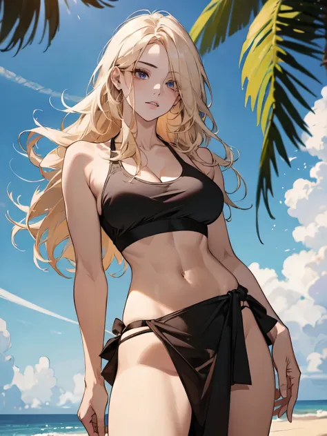 (masterpiece, best quality:1.2), 1girl, solo , emel ,  very large breast , blonde hair , from below , hair over one eye , bikini  , sarong , long hair , sports bra , abs , feet