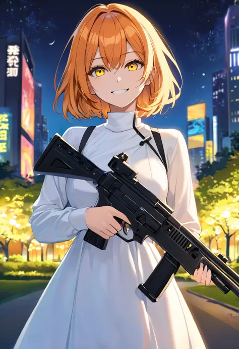  adult woman,  short orange hair and neon yellow eyes、 Fearless Smile 、Wear a white dress and hold a gun、 upper body only、Night park background