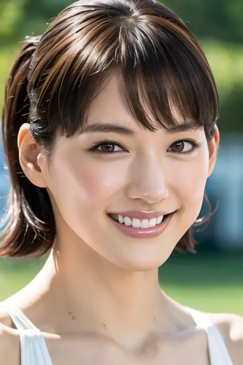 one  girl, (a beauty  girl, delicate  girl:1.3), (,  gal:1.3), ( swimsuit:1.2),  very clear eye shape, (Symmetrical dark eyes :1.3),  staring at the camera ,  big smile,  teeth, ( track field view:1.2),  small breasts,   Brown Short Hair ,  girl, ( Eyes an...