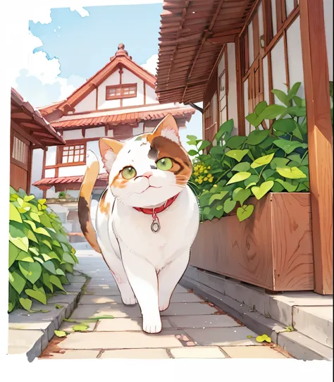 (    Masterpiece),(    top quality),(    very well detailed ),(  downward-facing high resolution      ),((    line art    )),((watercolor)),16k,     wallpaper,三毛猫の    very well detailed な絵、Crazy Details     、    very well detailed 猫、       a house and a ca...