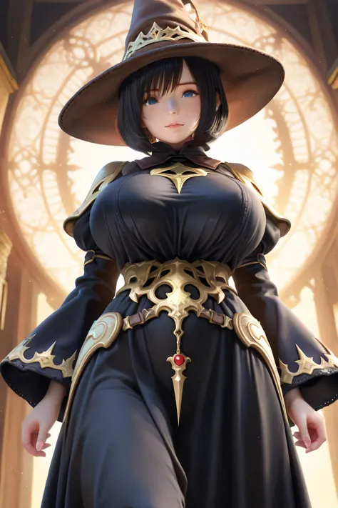 huge breasts , ((1 girl)), (dynamic synthesis from bottom: 1.3), black hair, ((masterpiece, highest quality, highest image quality, final fantasy, high resolution)), young beautiful girl, (((black mage))),black robe, pointy hat ,very delicate hair , bob cu...