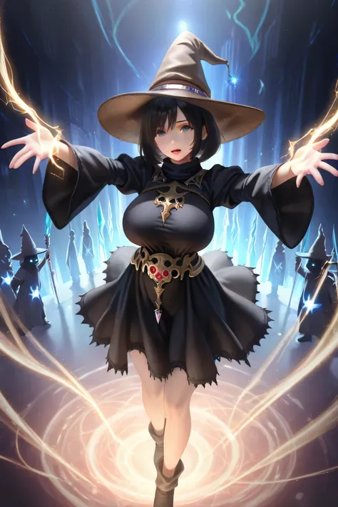 huge breasts , ((1 girl)), (dynamic synthesis from bottom: 1.3), black hair, ((masterpiece, highest quality, highest image quality, final fantasy, high resolution)), young beautiful girl, (((black mage))),black robe, pointy hat ,very delicate hair , bob cu...