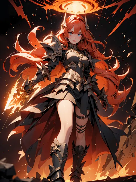 (((masterpiece, best quality, high detailed, 16k))) (1girl) A fearsome female warrior, standing tall and imposing, her demonic armor a deep blood-red with glowing embers, as if forged in the heart of a volcano. She wields a massive flaming sword with both ...
