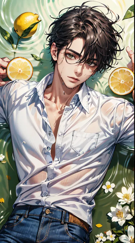 (absurdres, highres, ultra detailed), 1 male, handsome, tall muscular guy, mature, (The pond is filled with lemon slices and white flowers), A man lying on back comfortably in it, from directly above, (white shirt, jeans), wet, colorful, artistic, depth of...