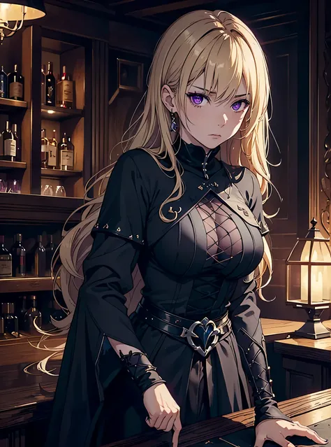 ((DARK FANTASY COLORING, DARK COLOR PALETTE, SORROW LIGHTING, 8K DETAIL QUALITY))
((masterpiece, best quality)), (1girl, anime girl in the medieval bar, night),(mature, fair skin), (solo), (female focus, purple eyes girl, disgusted face), (blonde hair, wav...