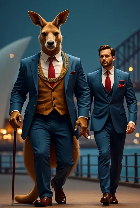 "A highly detailed digital painting of a surreal and humorous scene in Australia at nighttime. A muscular humanoid kangaroo with exaggerated proportions is wearing an elegant navy blue suit with gold accents, a red tie, and a gold chain. The kangaroo is co...