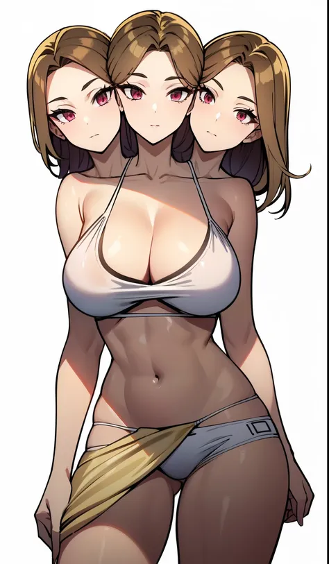 best quality, (masterpiece),(ultra-detailed), (high quality), (high resolution), (3heads:1.5) ((blonde hair:1.5)), identical hair color, red eyes, ((three headed woman)) ((d-cup breasts)), cleavage, ,best quality:1.5, highres, UHD, 4K),, ((light purple bik...