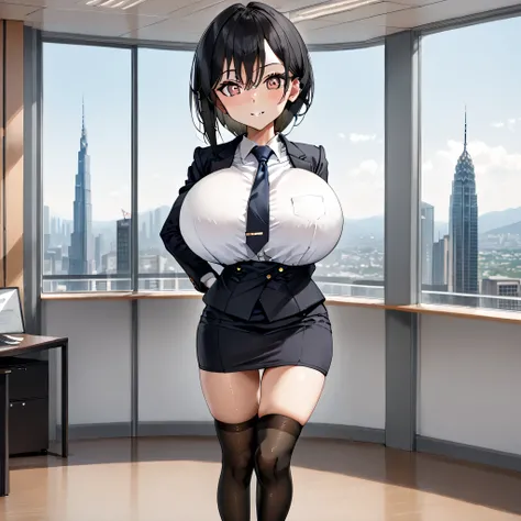 masterpiece, landscape, office room, skyscrapers in distance, BREAK, (1 skinny girl standing), arched back, arms behind back, (bouncing breasts), smile for viewer, BREAK, business suits, (black blazer:1.3), white blouse under blazer, necktie, (black short ...