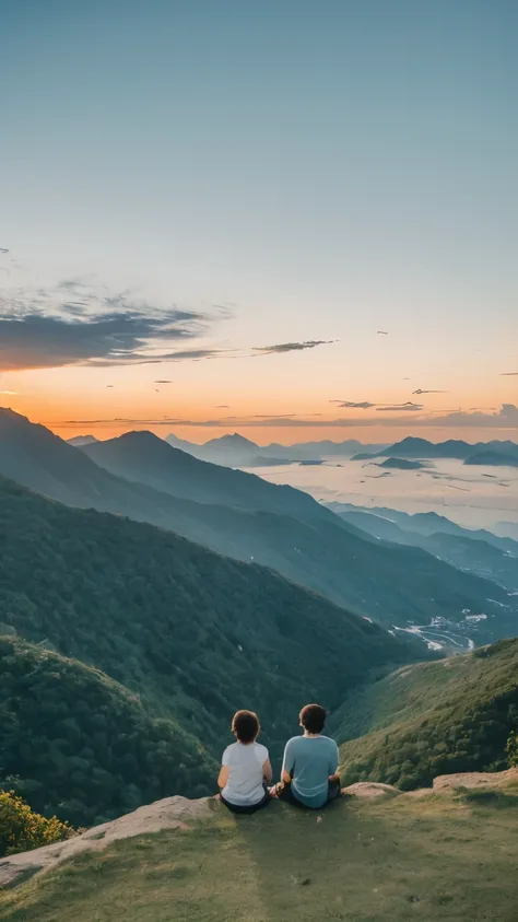 A superb exquisite real beautiful , (((best quality))) , A breathtaking view from the top of a mountain, showing two pairs of feet resting at the edge of a cliff. The scene is surrounded by majestic mountain ranges stretching into the distance, covered in ...