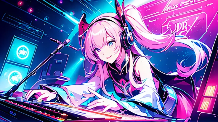 ( Masterpiece、 top quality、 8,000 )、 bird view 、Overhead camera work、 slender animation is sitting on a laptop at the weapon table、 colorful head and headphones , biology,thunder, Neon glow, beauty, Futuristic modern , rockスター, rock, urgent, perfection, S...