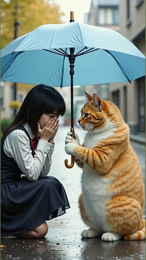 "A touching and emotional scene in an urban setting during autumn. A young Japanese schoolgirl, wearing a classic school uniform with a black skirt, white blouse, and a red bowtie, is kneeling on the sidewalk with tears in her eyes, covering part of her fa...