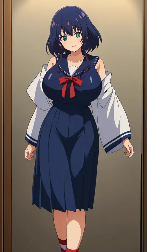 Young woman drawn in 80’s anime art style. 
Retro anime. Vintage Anime. Classical Anime. 

She has long and wavy blue hair, green eyes, full lips, and a beauty mark located under the right side of her mouth. She is well known for her curvaceous figure of w...