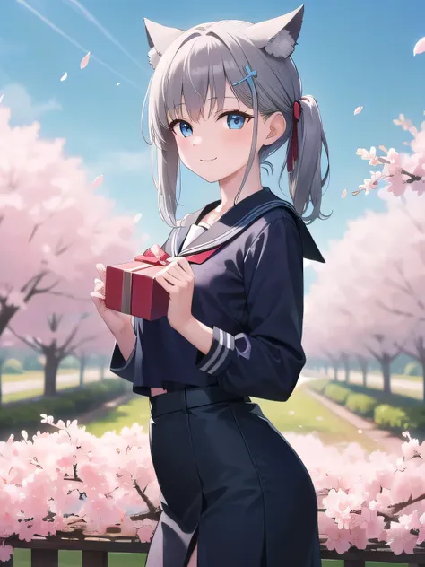 A stunningly beautiful 20-year-old woman stands in a lush green park full of cherry blossoms in full bloom under a clear blue sky. She is wearing a classic sailor uniform and holds a neatly wrapped gift box with a red ribbon in both hands in front of her c...