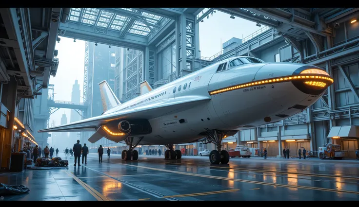  cool blue-gray tones with golden-bronze highlights ,  soft ambient lighting ,  reminiscent of early dawn .  The futuristic spaceport is huge ,  glow with towering metal structures ,  on his shoulder, huge glass domes ,  revealing the starry sky ,  and the...