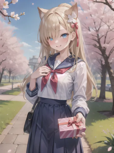 A stunningly beautiful 20-year-old woman stands in a lush green park full of cherry blossoms in full bloom under a clear blue sky. She is wearing a classic sailor uniform and holds a neatly wrapped gift box with a red ribbon in both hands in front of her c...