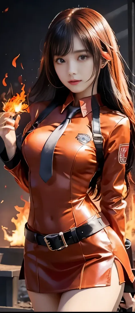  Cool Idol Girl （ Burning Red Black Hair）、A pure girl's face、 hypo、、 Flame Uniform （ shirt with tie 、 tight mini skirt）、Fire Belt 、、Skeleton flame that emits light