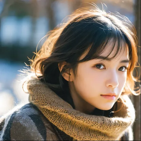   ultra-realistic image of a single Japanese woman in her early 20s ,  It was shot taking advantage of the nostalgic warmth and delicate graininess of a film camera.  she has stylish winter attire ,  oversized coat  ,   comfortable knitted sweater that can...