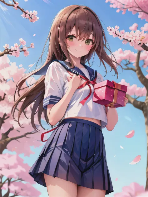 A stunningly beautiful 20-year-old woman stands in a lush green park full of cherry blossoms in full bloom under a clear blue sky. She is wearing a classic sailor uniform and holds a neatly wrapped gift box with a red ribbon in both hands in front of her c...