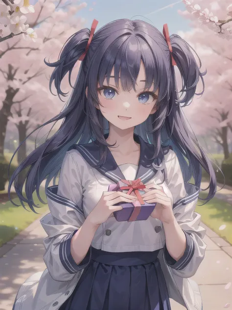 A stunningly beautiful 20-year-old woman stands in a lush green park full of cherry blossoms in full bloom under a clear blue sky. She is wearing a classic sailor uniform and holds a neatly wrapped gift box with a red ribbon in both hands in front of her c...