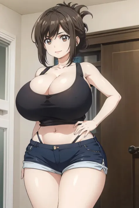 ((best quality)),((highly detailed)),masterpiece,absurdres,detailed face,beautiful face,(detailed eyes, deep eyes),1girl ,Kana, brown hair, Shorts, black shorts ,short shorts, highleg,brown eyes, breasts, indoors, solo focus ,sidelocks, bangs, v-shaped eye...