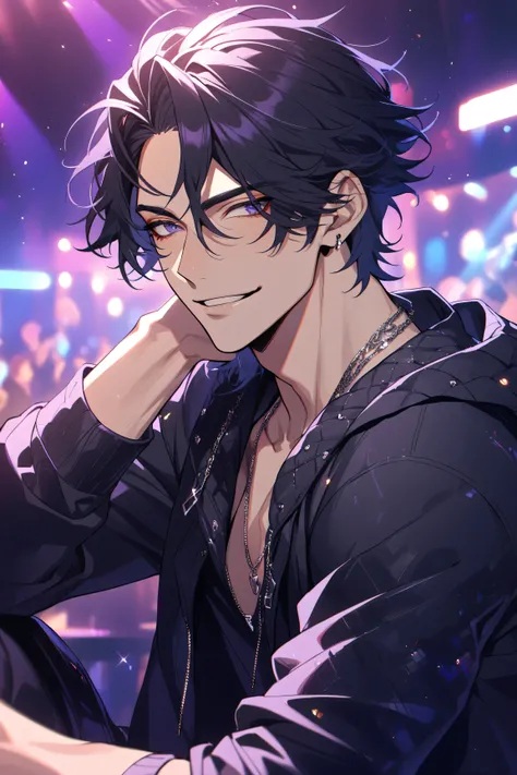 1 handsome male, bad-boy, messy ruffled short black hair, fierce black irises, 30 years old, high detail, dark hoodie, perfect eyes, look away, solo, sexy smile, nightclub background, sexy bad boy