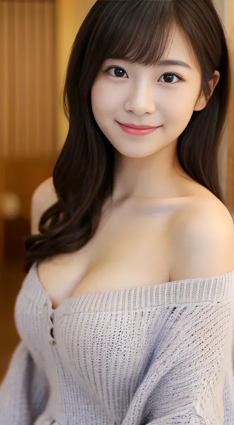 masterpiece,best quality,(Japanese girl),((Beautiful girl)),cleavage,(off shoulder:1.2),(perfect body beauty:1.2),(shy smile),From slightly above