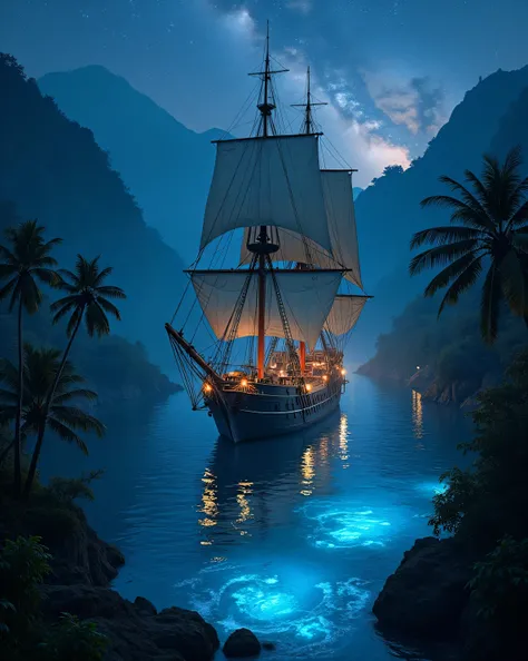 bird eye view,  Large sailing ship (detailed rigging:1.2), dark grey hull, illuminated by warm interior lights, navigating dark ocean waves, full sails billowing in the night breeze,
Imagine a twilight scene in a hidden forest glade where bioluminescent co...