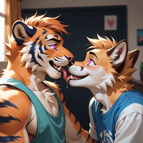 Male, anthro, tiger, skinny, suprised, cute, duo, hypnotic glowing eyes, shocked expression, shy, canine sheath, large anthro fox with smug look, tiger pinned down by fox, wearing loose clothing, mind control, seductive fox, deep French kiss with tongue, l...