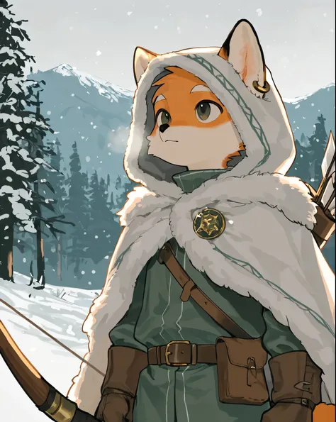 source_ furry， furry male，elementary school students，((boy )),fox boy，fox ears, fox tail, ,short hair， She is wearing a white hooded cloak with a fur stole draped over her shoulders. She has a bow and arrow in her right ， The boy is standing in a snowy lan...