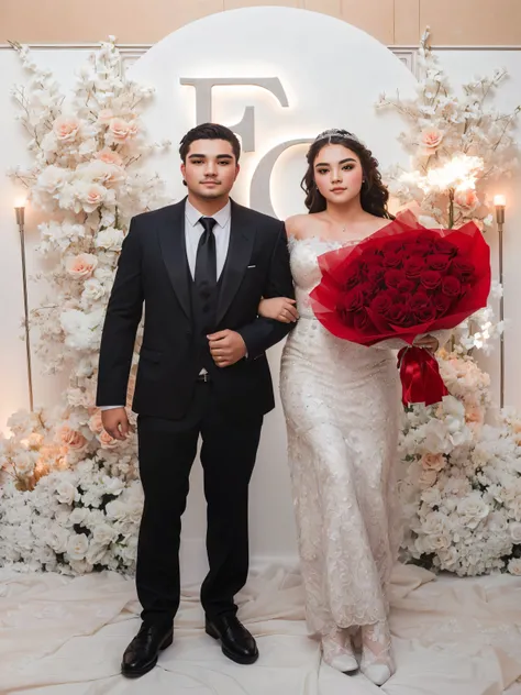 bride and groom, the girl has a bouquet of red roses in her hands,  photographic photograph, extreme quality ,  Maximum detail,  highest quality,  Masterpiece , 8k,  detailed hair 