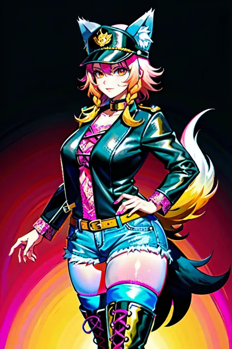 (best quality:2.0), (crisp:2.0), (highres:2.0), (((a rich yellow and pink gradient wolf tail:2.0))), anime, full body:2.0, (single image), (solo beautiful lady:2.0), (masterpiece:2.0), (detailed face:2.0), (detailed eyes:1.4), ((denim shorts:2.0)), ((thick...