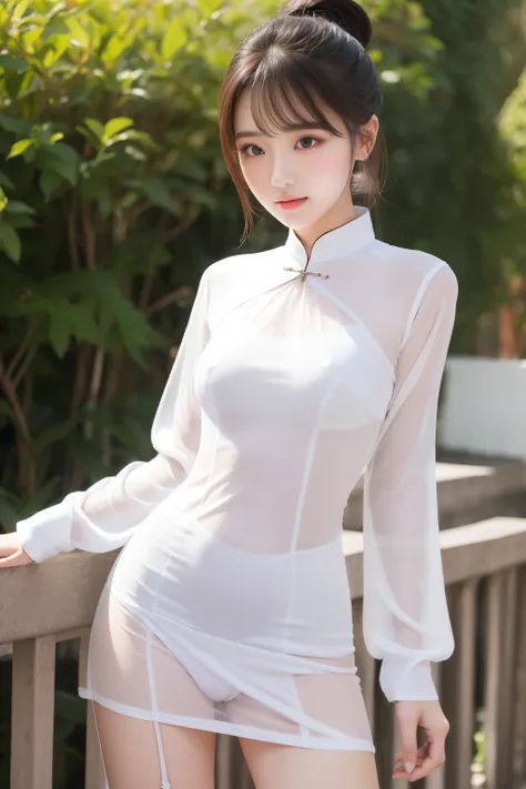 Young woman wearing white ao dai　 ponytail on panty　 see-through