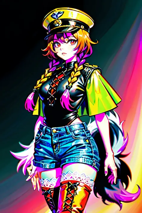 (best quality:2.0), (crisp:2.0), (highres:2.0), (((a rich yellow and pink gradient wolf tail:2.0))), anime, full body:2.0, (single image), (solo beautiful lady:2.0), (masterpiece:2.0), (detailed face:2.0), (detailed eyes:1.4), ((denim shorts:2.0)), ((thick...